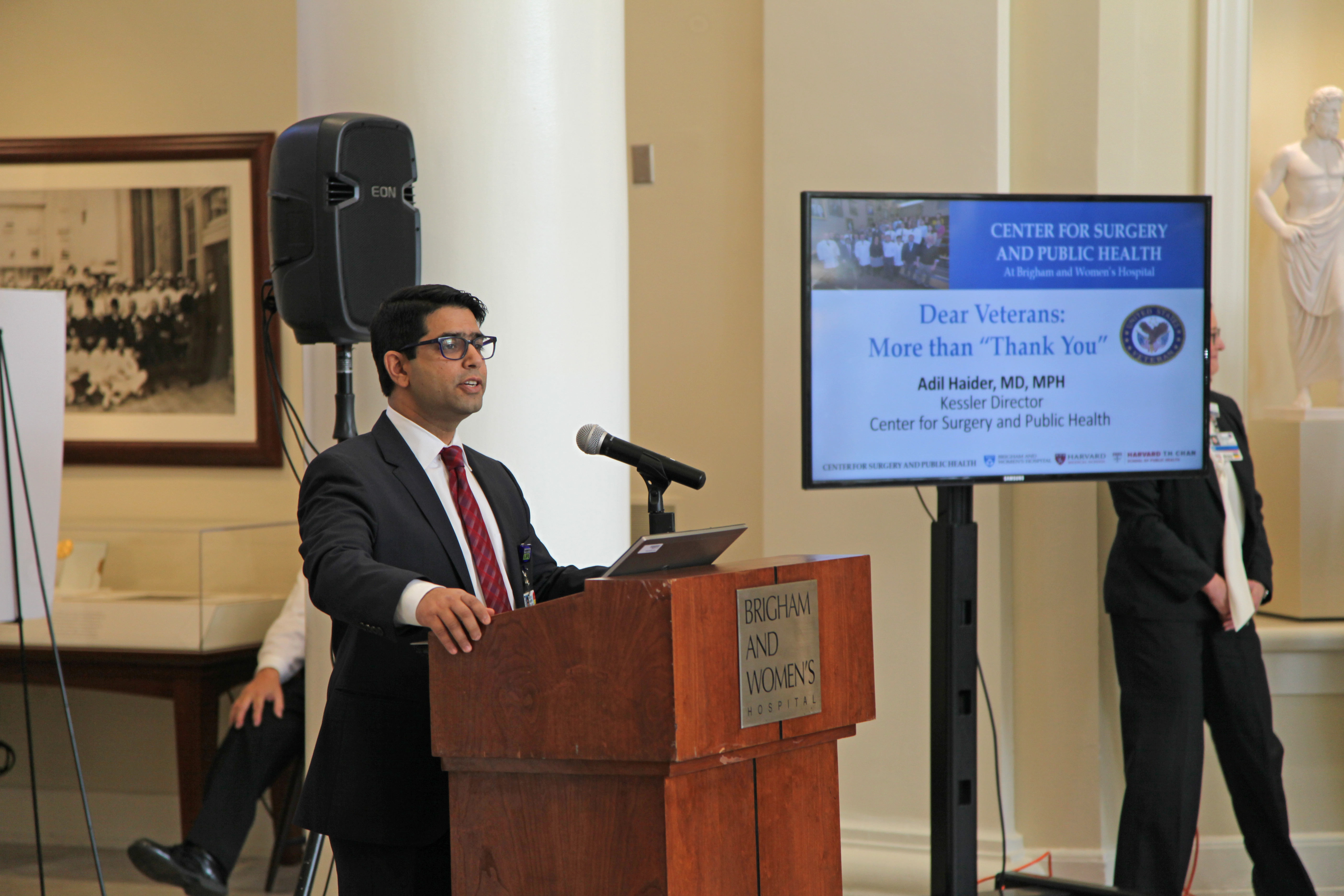 Adil Haider talks about trauma care during BWH’s Veterans Day event.