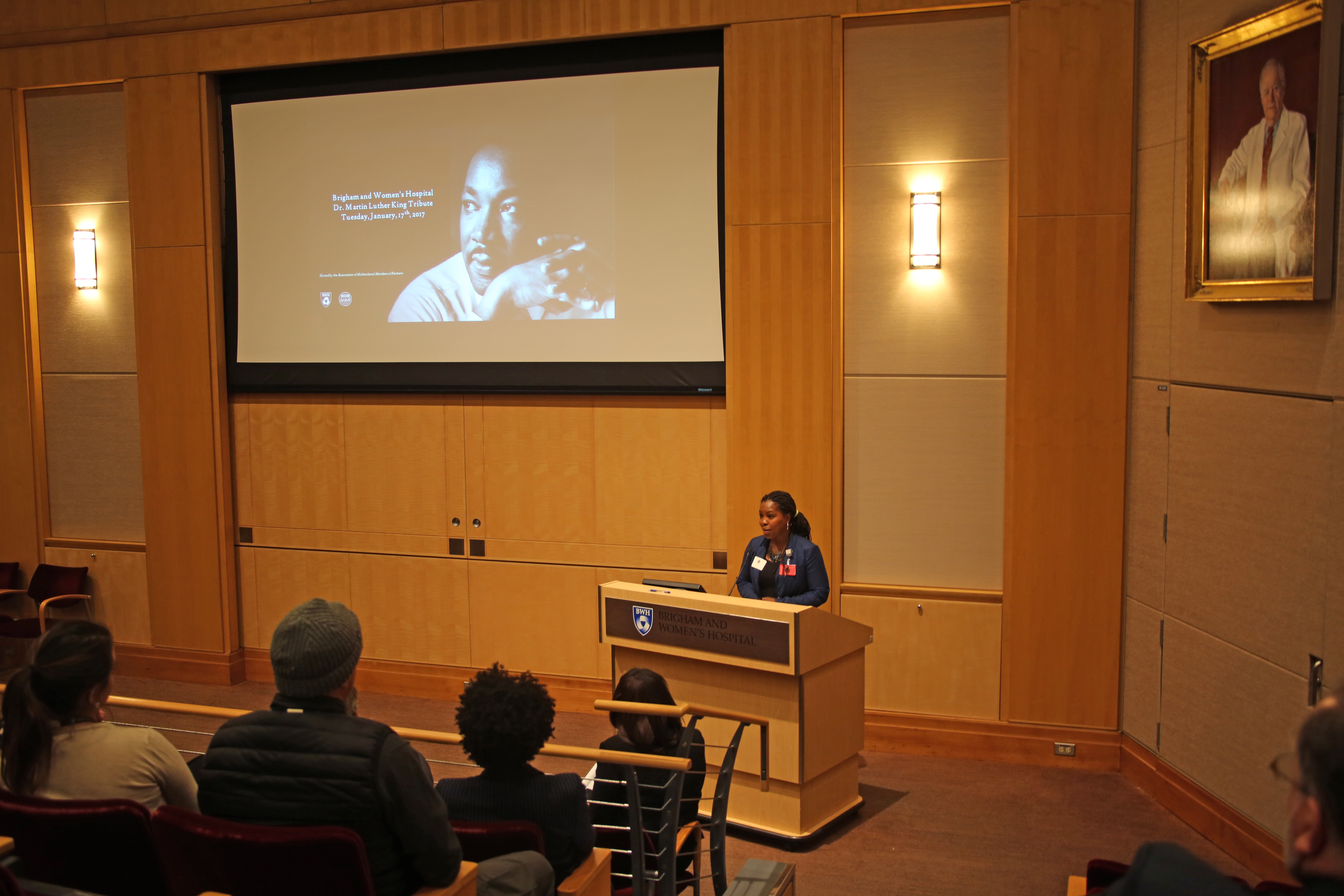 Shirma Pierre, of the Association of Multicultural Members of Partners, speaks at BWH’s Rev. Dr. Martin Luther King Jr. event.
