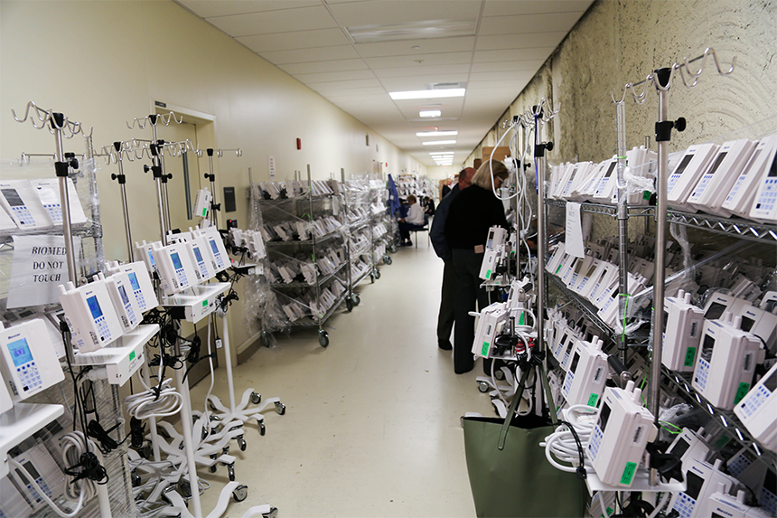 New infusion pumps line a hallway in the Shapiro Cardiovascular Center in preparation for the upgrade.