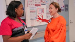Nurse Louise Payen and medical interpreter Ana Hoffman meet on Braunwald Tower 14A.
